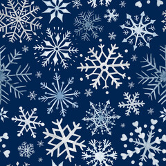 Fototapeta na wymiar Watercolor seamless pattern with blue and white snowflakes, isolated on navy blue background