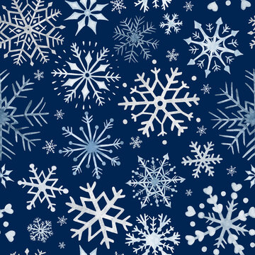 Watercolor seamless pattern with blue and white snowflakes, isolated on navy blue background