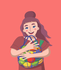 Girl holding shopping bag with vegetables and fruits