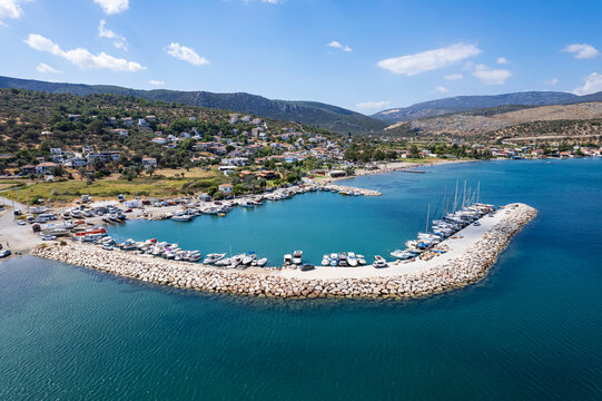 A distant view of Urla Balıklıova, formerly called Polikhne and located in İzmir, the pearl of the Aegean region. Drone view of Balikliova, Urla  Izmir. Turkey