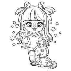 Cute cartoon  girl with soft toy Unicorn outlined for coloring page on a white background