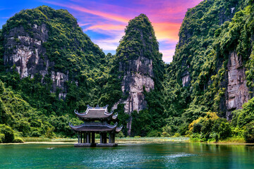 Vietnamese temple in Trang An, Vietnam. Famous place in Tam coc.
