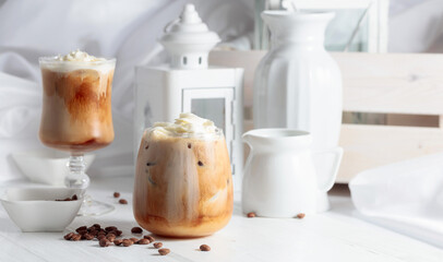 Iced coffee with cream and natural ice.