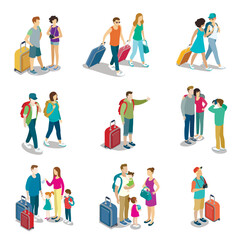 Travelling people isometric 3D icons. Family with childrens and baggage, tourist with travel bag and camera, young couple with backpacks. Active recreation, hiking and adventures vector illustration. - obrazy, fototapety, plakaty