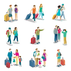 Foto op Canvas Travelling people isometric 3D icons. Family with childrens and baggage, tourist with travel bag and camera, young couple with backpacks. Active recreation, hiking and adventures vector illustration. © Alfazet Chronicles
