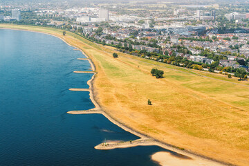 Aerial view of the Rhine River in the suburbs of Dusseldorf. Environment and nature concept