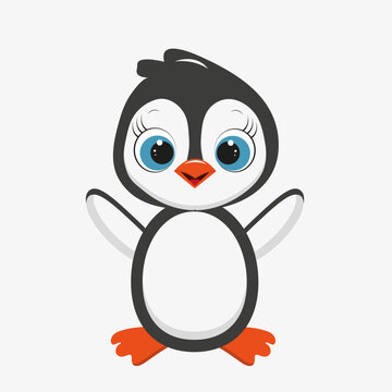Vector illustration of a cute, cartoon little penguin isolated on a white background. Winter animal clipart in flat style