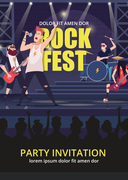 Rock party invitation. Print poster design for music rock performance flyer with musicians rock band swanky vector placard with place for text