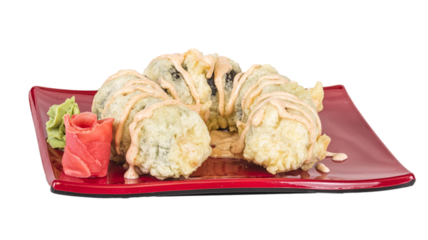 Japanese Cuisine -Tempura Maki Sushi (Deep Fried Roll made of salmon, tobiko roe and Cream Cheese inside)