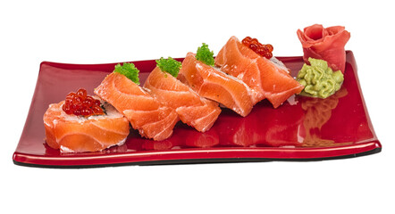 Japanese sushi traditional japanese food.Roll made of salmon, red cavair, roe and cream