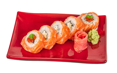 Japanese sushi traditional japanese food.Roll made of salmon, red cavair, roe and cream