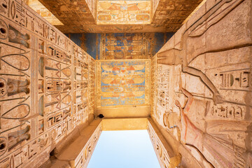 Luxor, Egypt; August 28, 2022 - Interior of the Temple of Ramesses III, Luxor, Egypt. - obrazy, fototapety, plakaty
