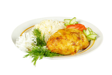 Garlic chicken and rice on white plate