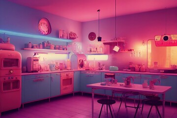neon cyber punk kitchen retro interior 