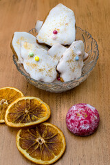 Close up view of plate with tasty Christmas cookies