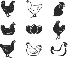 Chicken logo elements. Healthy organic chickens meat and eggs black items for stamp seal emblem badge and logo