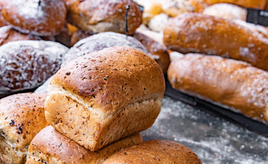Different sorts of bread, displayed in the bakery