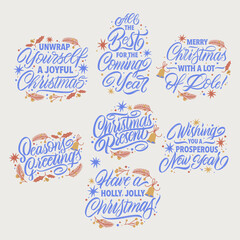 New Year and Christmas phrases. Vector set of lettering for Christmas. Design poster, greeting card, party invitation. Vector illustration.