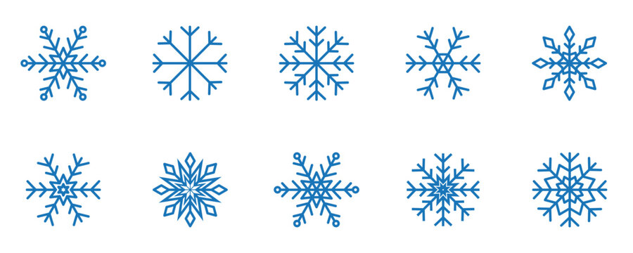 Conjunto de iconos de copos de nieve azules. Ilustración vectorial