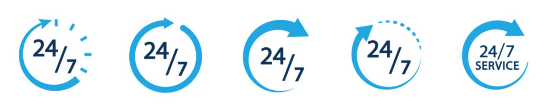 Conjunto de icono de servicio 24/7 estilo azul. Servicio de atención 24 horas. Concepto de horario de atención de un negocio. Siempre abierto. Ilustración vectorial
