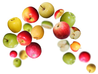 Juicy, tasty, fresh appeles levitate on a white background, healthy diet. Fresh fruits and vegetables.