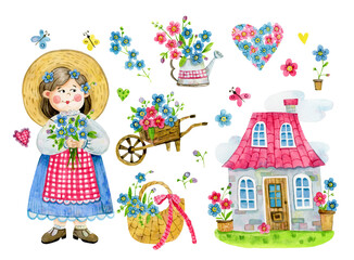 Obraz na płótnie Canvas A set of watercolor illustrations, myosotis, a girl with flowers, a house with a pink roof, potted flowers, butterflies, a cart with flowers, hearts, a wicker basket with a ribbon. Garden Set 