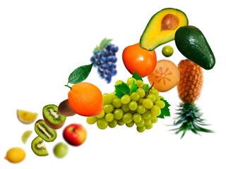 Juicy, tasty, fresh grape, kiwi, orange, orange. apple. pineapple levitate on a white background, healthy diet. Fresh fruits and vegetables