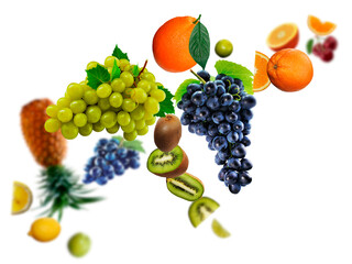 Juicy, tasty, fresh grape, kiwi, orange. pineapple, cherry, lime levitate on a white background, healthy diet. Fresh fruits and vegetables