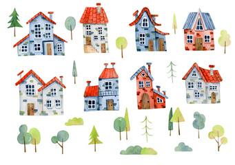 A set of colored watercolor houses with tiled roofs and trees. Simple cute watercolor brick houses