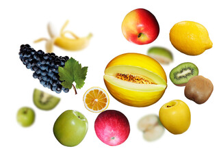 Juicy, tasty, fresh limons, apple, kiwi, grapes levitate on a white background, healthy diet. Fresh fruits and vegetables.