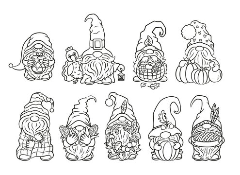 Cute nordic gnome autumn thanksgiving coloring book. Baby children illustration fall gnomes sketches for coloring page. Scandinavian gnome black and white illustration.