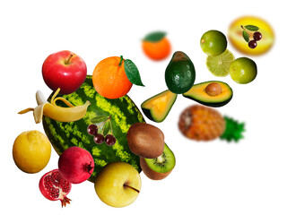 Tasty,Juicy. fresh apple, kiwi, pomegranate, lime, orange, lemon, avokado. orange levitate on a white background, healthy diet. Fresh fruits and vegetables