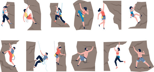 Sport climbing people. Young female and male rocking, extreem heights. Climber training, adventure in rocks or mountain. Recent hobby vector characters