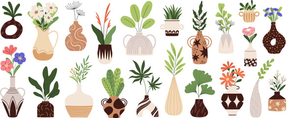 Floral bouquets in vases. Tropical leaves, blooming flowers and herbs. Trendy style organic branches in ceramic jugs. Spring autumn racy herbarium vector set