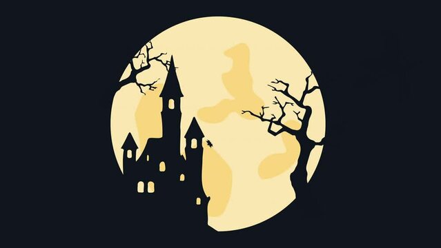 Animated Halloween Scene. Full moon, castle silhouette, flying witch, flying bats. Seamles loop. 4K.