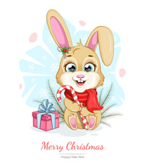 Merry Christmas and Happy New Year card with a funny bunny