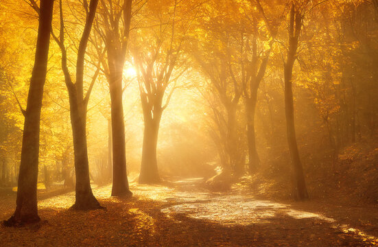 Warm mist in autumn forest, tree silhuettes, shining sun through golden tree branches. Digital 3D illustration