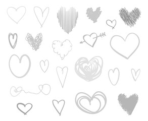 Grunge hearts on isolated white background. Set of love signs. Unique signs for design. Black and white illustration. Doodles for flyers, greeting cards and banners. Creative art sketches