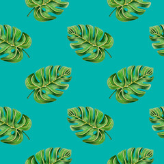 Seamless pattern of tropical monstera leaves drawn with colored pencils on a Light Sea Green background. For fabric, sketchbook, wallpaper, wrapping paper.