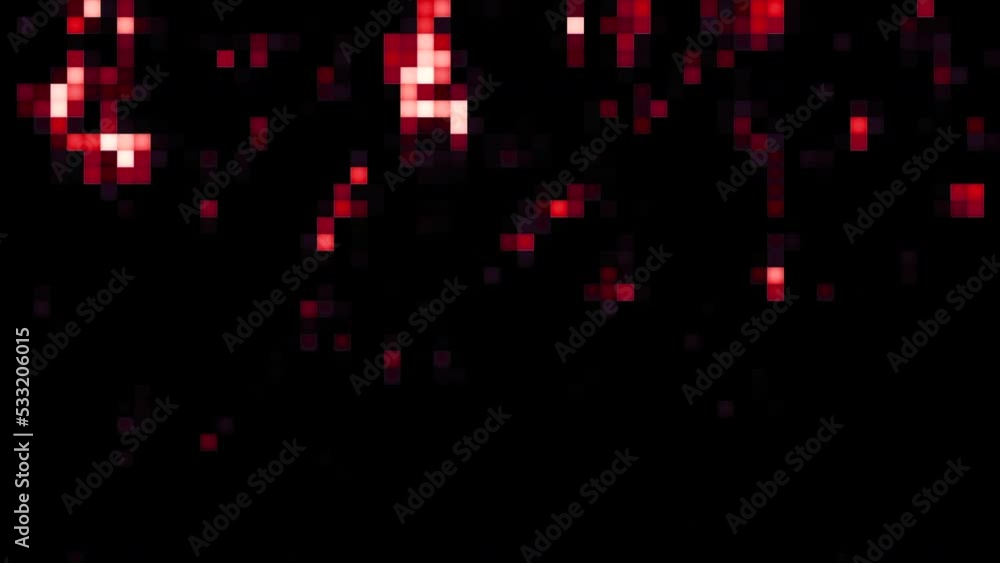 Poster gray and red background. motion. bright squares in pixels on a black background moving in different 