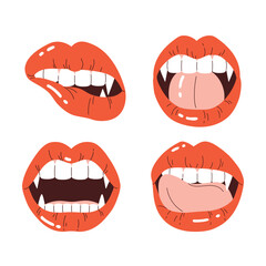 Set of vampire's lips with fangs. A woman's mouth with bright red lips and long, sharp teeth. Vampire aesthetic collection. Vector illustration in cartoon style. Isolated white background