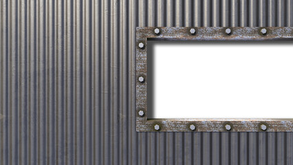 A 3d rendering image of a rust steel frame on old metal sheet wall and roof panel
