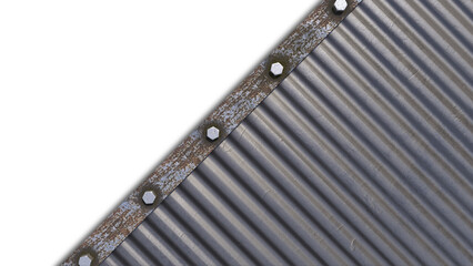 A 3d rendering image of a rust steel frame on old metal sheet wall and roof panel