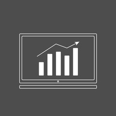 Line laptop or computer chart icon in flat style with long shadow on dark black background. Money diagram vector illustration. Financial process, business concept.