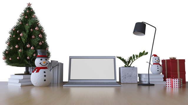 Mockup of 3Ds rendering of christmas tree & snow man on the table