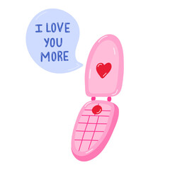 Retro telephone clipart with message bubble with lettering I love you more. Valentine's day concept. Prefect for sticker, social media, posters, greeting card. Hand drawn isolated vector illustration