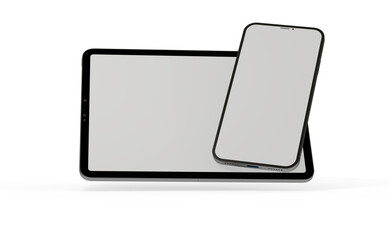 Gadgets including smartphone, digital tablet and laptop, blank screen with