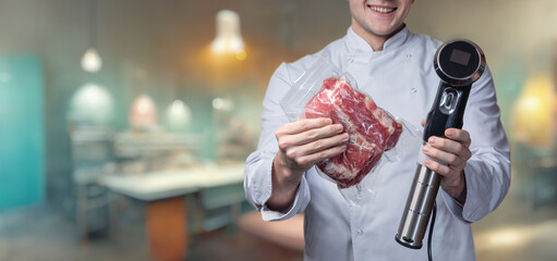 Cook shows vacuum-packed meat with a device for cooking at low temperature.