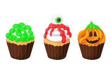 Set Cupcake Halloween monster dessert with bones, blood, pumpkin face in cartoon style isolated on white background.