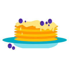 Vector illustration of pancakes with blueberries on a plate. Lots of pancakes. Isolated